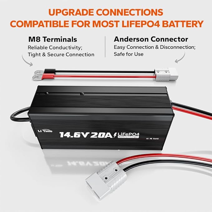 LiTime 12V 20A Lithium Battery Charger 14.6V LiFePO4 Battery Charger AC-DC Smart Charger with Anderson Connector LED Indicator Special for Lithium LiFePO4 Deep Cycle Rechargeable Batteries of Boat, RV