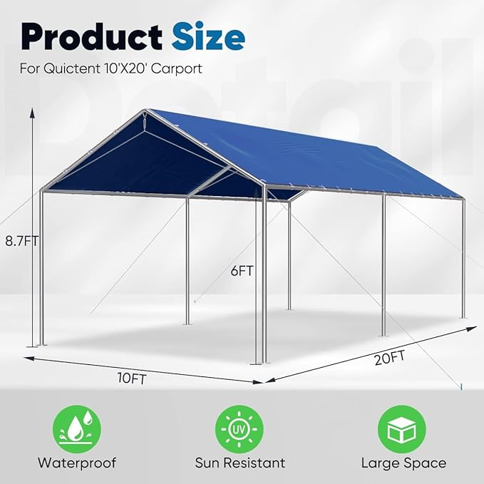 Quictent 10x20 ft Heavy Duty Car Canopy Galvanized Frame Carport Outdoor Party Tent Boat Shelter with 3 Reinforced Steel Cables - Blue