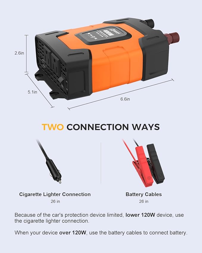 Ampeak 400W Power Inverter 4.8A Dual USB Ports 2 AC Outlets Car Inverter DC 12V to AC 110V 11 Protections for Devices