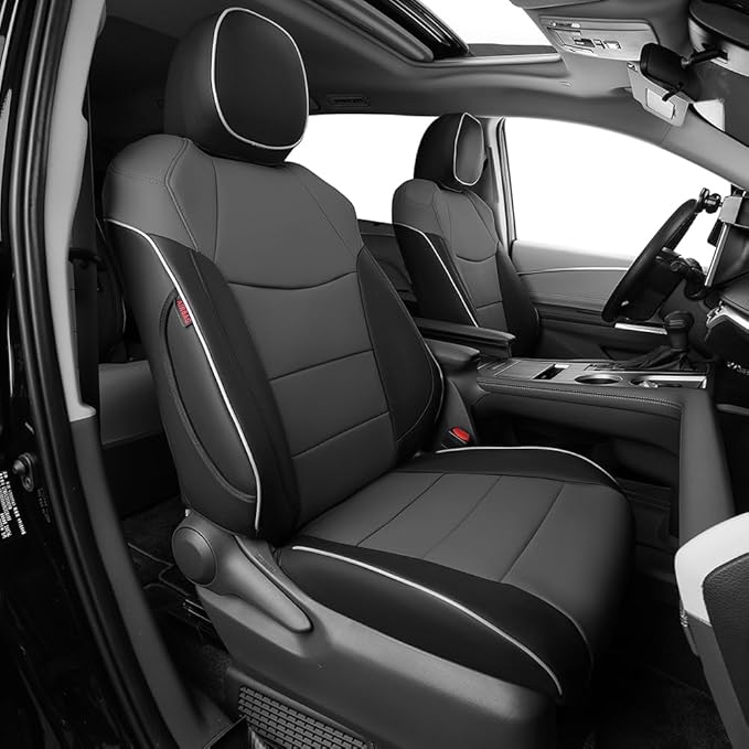 EKR Sienna Seat Covers for 2011-2020 Toyota Sienna L,LE,XLE,Limited,7 Seats,2nd Row Captain Seats W/NO Legrest,Waterproof Car Seat Cover Full Set,Car Seat Protectors- Three Row,Leather(Black/Gray)