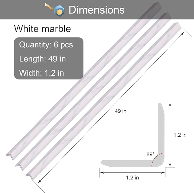 6 Pcs 49" Wall Corner Protector Trim, White Marble Grain Edge Strip for Door and Window Frames Mirror Trim Backsplash Tile Edge (White Marble)