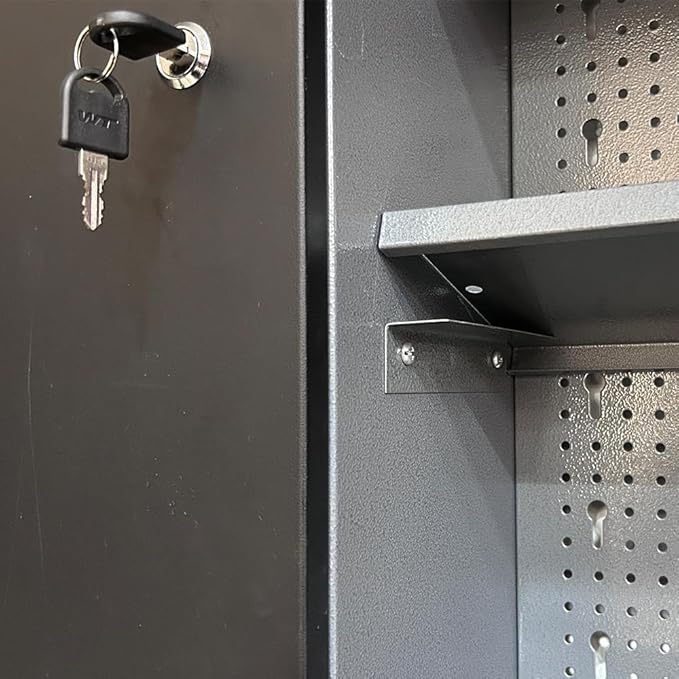 JZD Metal Storage Organization System, Wall Mount Tool Cabinets, Wood Tabletop, for Garage Basement