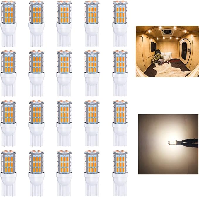 T10 921 194 168 LED Bulbs Warm White 20-Packs, Super Bright 3014 42-SMD LED Replacement 12 Volt RV Camper Trailer Boat Trunk Interior Dome Map License Lights, Backup Reverse Lights