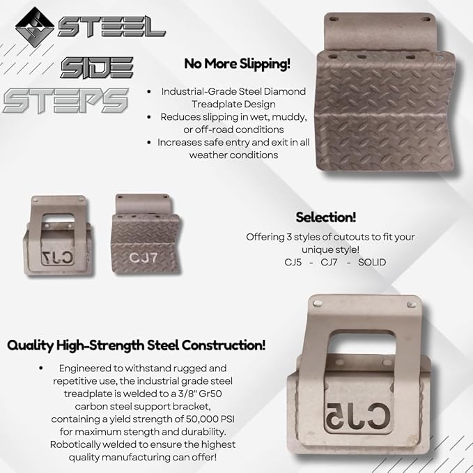CJ5 Side Steps Compatible with Jeep © CJ Vehicles (Pair) - Solid Steel Construction - Metal Diamond Treadplate Traction Design - Universal Fitment on Classic CJ-5 (CJ7) (CJ5-BLACK)