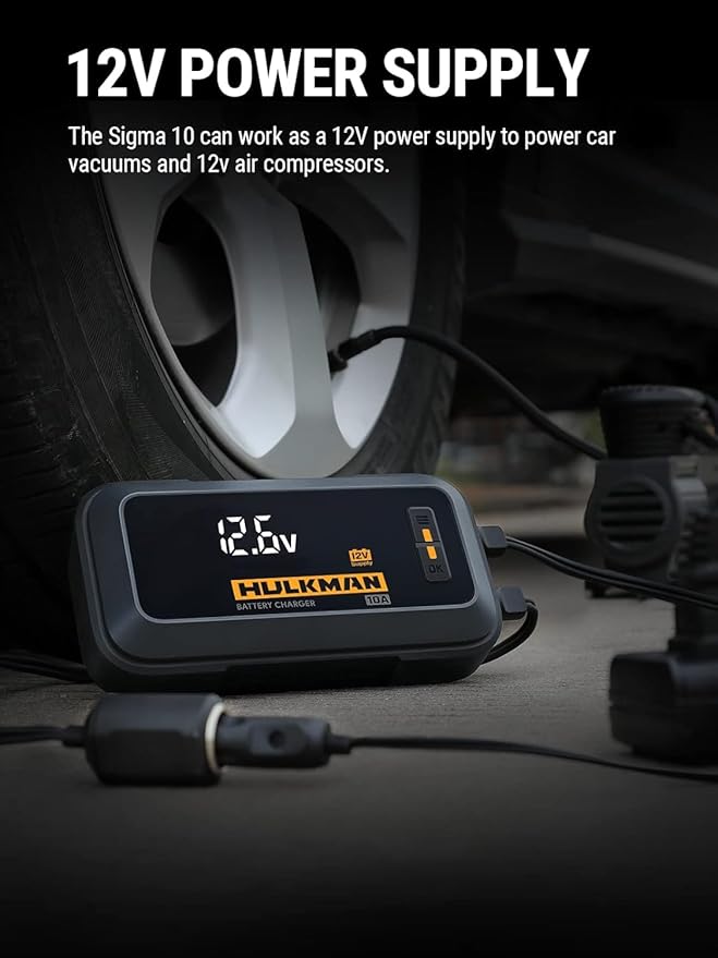 Hulkman Sigma 10, 10A 12V/6V Car Battery Charger for 30-240Ah, Battery Maintainer and Float Charger, Trickle Charger with Desulfator for Lead-Acid, LiFePO4 Battery, Automobile, Truck, Motorcycle, RV