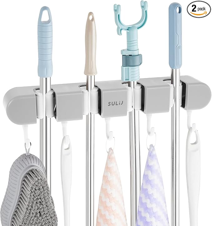 2Pcs Broom Mop Holder with Hooks Wall Mounted Broom Storage Rack No Drilling Self-Adhesive Mop Broom Organizer Mop Holder Hanger for Bathroom Office Kitchen Closet Garage,Grey (2)