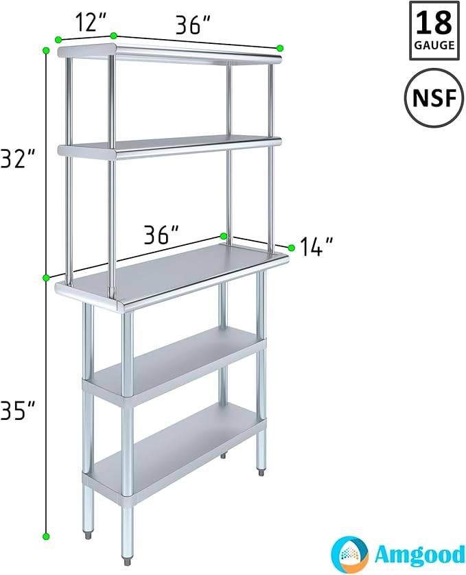 Amgood Stainless Steel Work Table with 2 Shelves | Metal Kitchen Prep Table & Shelving Combo (14" x 36" Table with 2 Shelves + 12" Overshelf)
