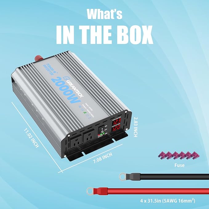 2000 Watt Power Inverter Modified Sine Wave, DC 12V to AC 110V 120V Converter with Dual Sockets, USB Port, LED Display for RV Truck Boat Solar Car Emergency Off Grid