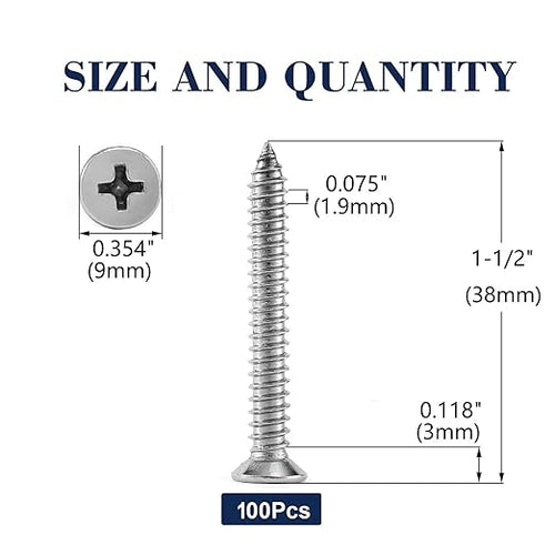 #10 x 1-1/2" Wood Screw 100Pcs 18-8 (304) Stainless Steel Screws Flat Head Phillips Fast Self Tapping Drywall Screws by SG TZH