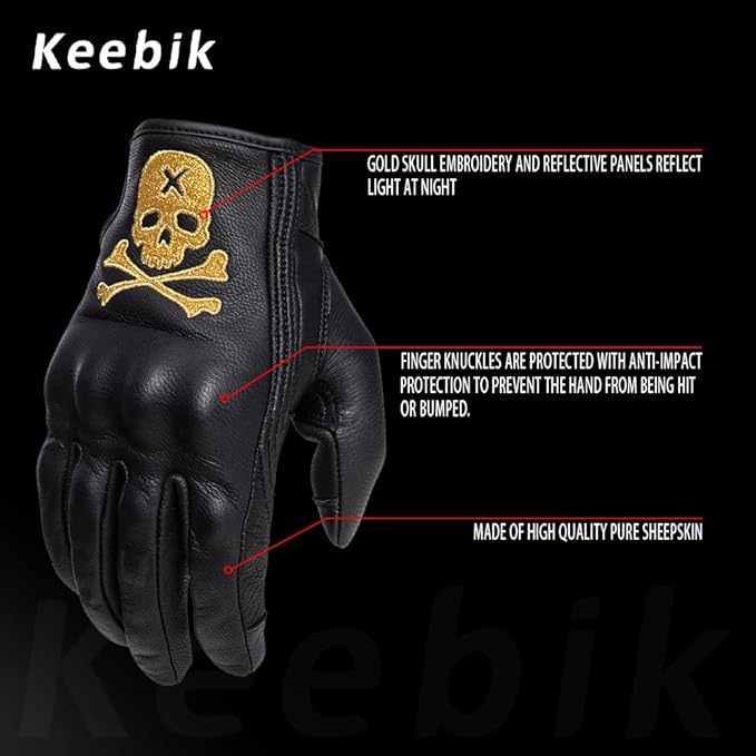 Goatskin Leather Motorcycle Motorbike Powersports Racing Gloves Reflective Skull Touchscreen for Men and Women Model