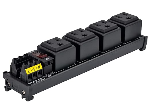 DIN Rail Mount AC 120V NEMA 5-15R 4 Receptacles Outlet Power Strip Module, with Rocker Switch Thermal Circuit Breaker Overload Protector