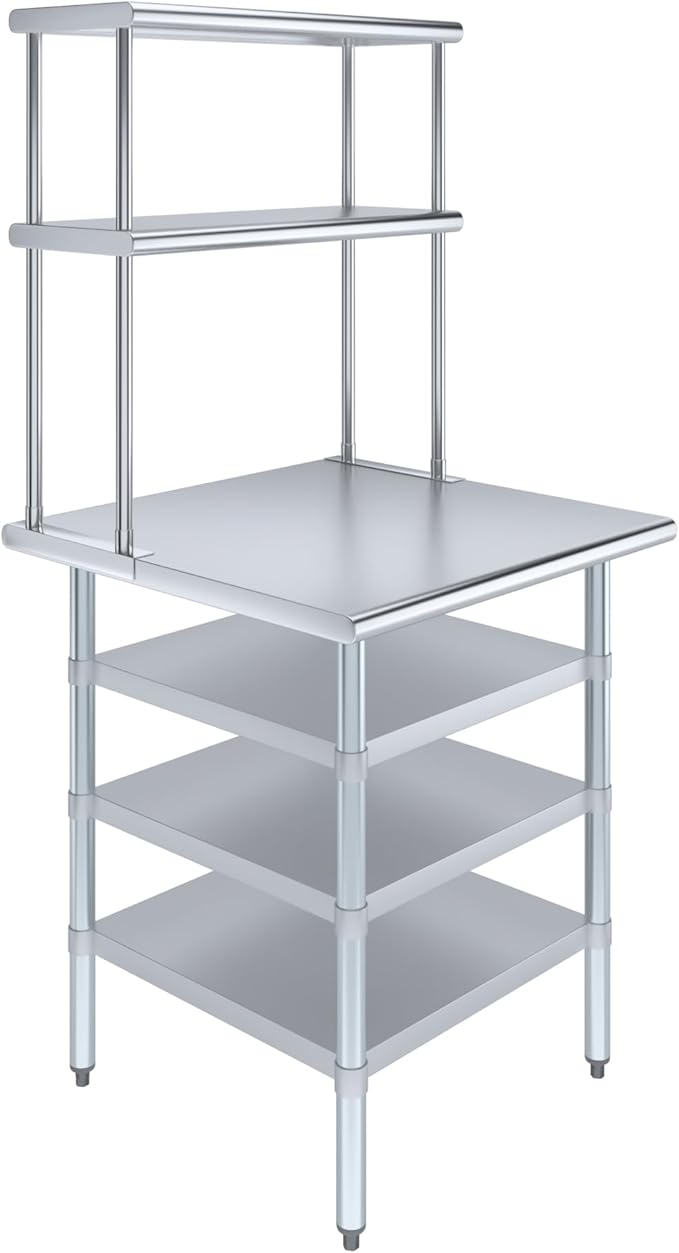 Amgood 30" x 30" Stainless Steel Work Table with 3 Shelves and 12" Wide Double Tier Overshelf | Metal Kitchen Prep Table & Shelving Combo | NSF