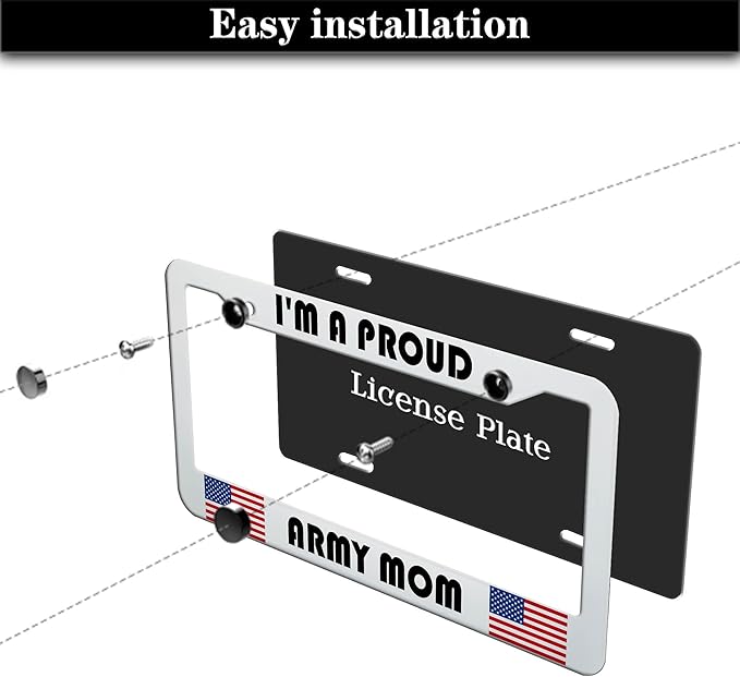License Plate Frame Holder Black and White License Plate Frames I’m a Proud Army Mom Universal Aluminum Car Accessory 2 Pack with Screw Covers Set