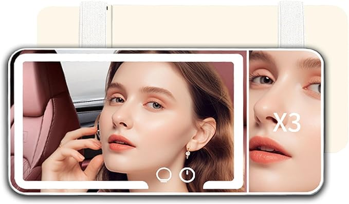 Car Sun Visor Vanity Mirror, Dimmable Touch Screen Makeup Mirrors with 3 Light Modes & 3x Magnifying for Women Detailed Makeup Universal Clip-on Rear View Sun-Shading Cosmetic Mirror (White)