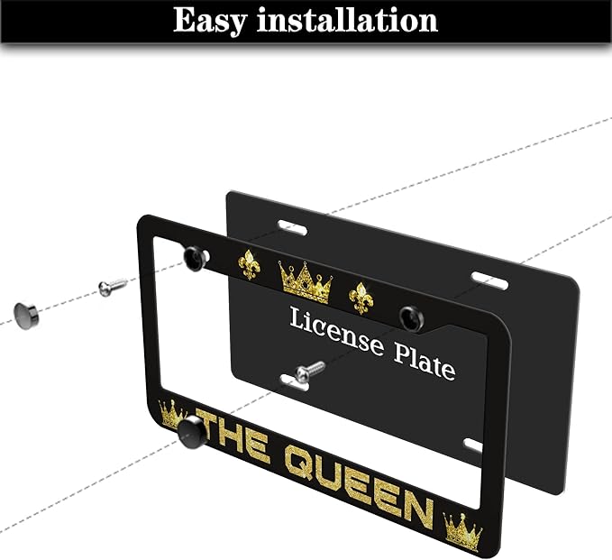 License Plate Frames Black Yellow Automotive Exterior Accessories The Queen Universal Aluminum Car Accessory 2 Pack with Screw Covers Set