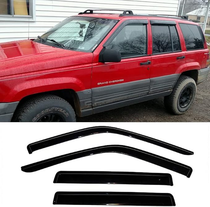 Side Window Deflector Visor Rain Guard,Outside Mount Tape-on Shatterproof Dark Smoke,4pc Window Shades fit for 1993-1998 Jeep Grand Cherokee Only 94320