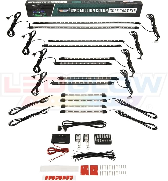 LEDGlow 12pc Million Color LED 4-Seater Golf Cart Underglow Neon Lighting Kit with Wheel Well & Interior Lights Fits EZGO, Yamaha, Club Car, ICON, Evolution, Tomblerin, Star EV - for 12-Volt Battery