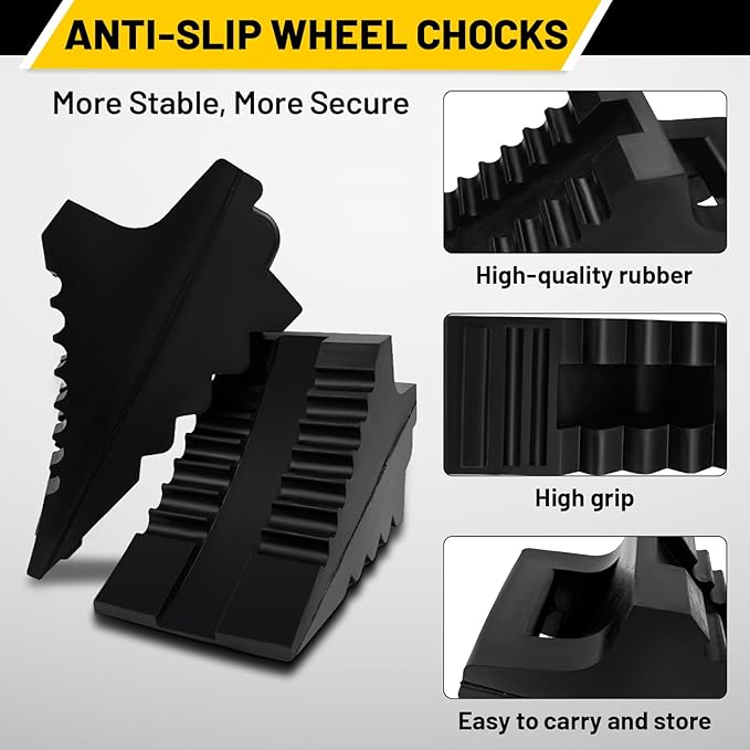 ROBLOCK Solid Rubber Wheel Chocks Heavy Duty Trailer Chock, G.V.W. Up to 4T, 2 Pack Black, 8.6" L x 3.7 W x 4.7" H for Car, Travel Trailers, RV, Truck, and ATV, for All Weather Use
