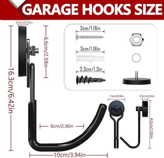 3-H Heavy Duty Magnet Garage Hooks 2 Pack, J Shape Strong Magnetic Hooks for Hanging Cordless Power Drill, Utility Magnetic Tool Holder for Metal Cabinet, Steel Pegboard, Toolbox, Garage(Black)