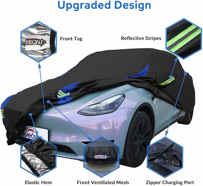 Avecrew Car Cover for Tesla Model Y, Custom Fit Full Exterior Cover with Charging Port and Breathable Ventilation Mesh, Waterproof All Weather Outdoor Rain Snow Sun Protection Cover