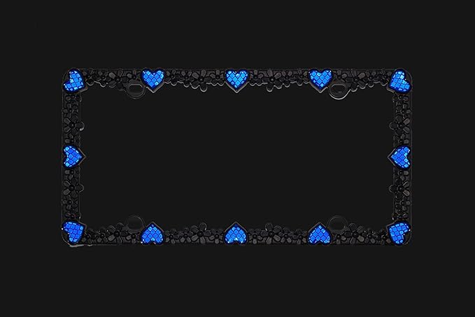 Creathome 3D Daisy Heart License Plate Frame from Pure Zinc Alloy Metal Perfect Plate Holder, Matt Black Daisy with Blue Reflective Heart