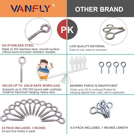 24 Pack, 3-1/5 Inch 304 Stainless Steel Eye Shape Screws Metal Hook, Heavy Duty Hanging Hooks Eyelet Screws Bolt for Yoga & Brazilian Hammocks, Swing Chair, M6 Screw (Style B)