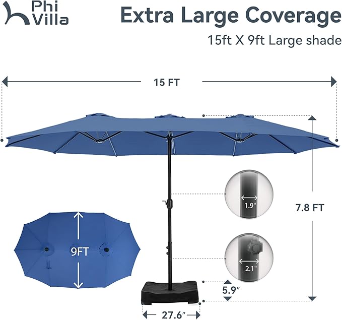 PHI VILLA 15ft Large Patio Umbrellas with Base, Outdoor Double-Sided Rectangle Market Umbrella for Pool Lawn Garden, Haze Blue