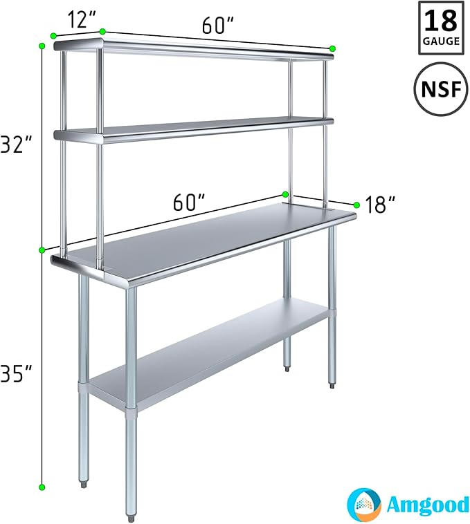 Amgood Stainless Steel Work Table Double Tier Overshelf | Metal Kitchen Prep Table & Shelving Combo (18" x 60" Work Table + 12" Overshelf)