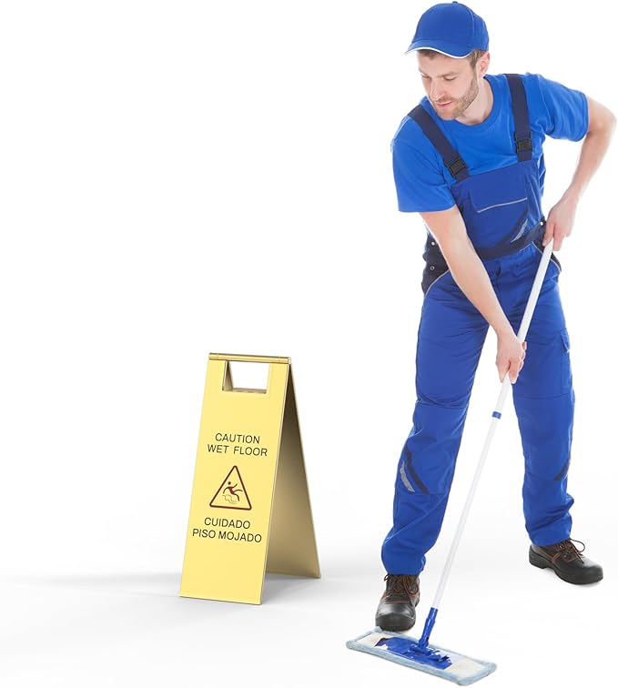 Stainless Steel Wet Floor Sign 2 Pack, 24 Inch Double-Sided Foldable Caution Sign with Handle, 8.8 lb Bilingual Warning for Restaurant, Office, Commercial Cleaning Use, Gold