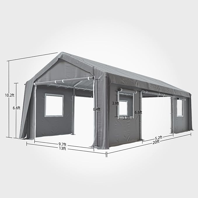 13x20ft Heavy Duty Carport Outdoor Canopy Portable Garage with 4 Doors & 4 Windows Waterproof UV Resistant Storage Shelter with Removable Sidewalls for Car Truck Boat, Gray