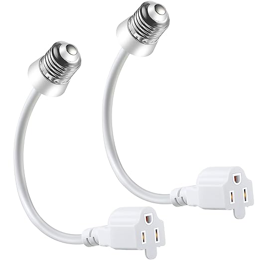 Feekoon 2 Pack 3 Outlet Light Socket Adapter, Convert E26/E27 Bulb Socket to 3 Prong Outlet with Extension Cord, Light Bulb Plug Adapter Converter Suitable for Outdoor Porch Garage Patio Use (White)