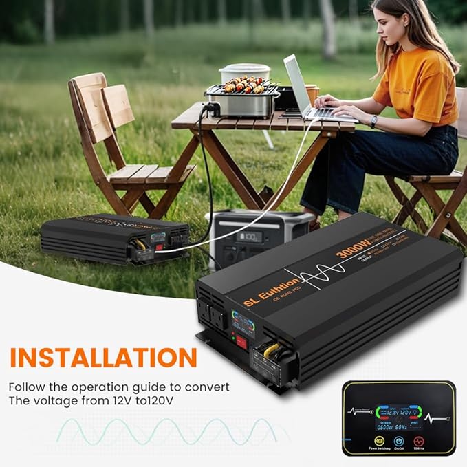 3000W/6000W(Peak) Pure Sine Wave Car Power Inverter 12V DC to 120V AC 60HZ with LCD Display, USB Port, Wireless Remote Control（10M) for Car Home Laptop Truck