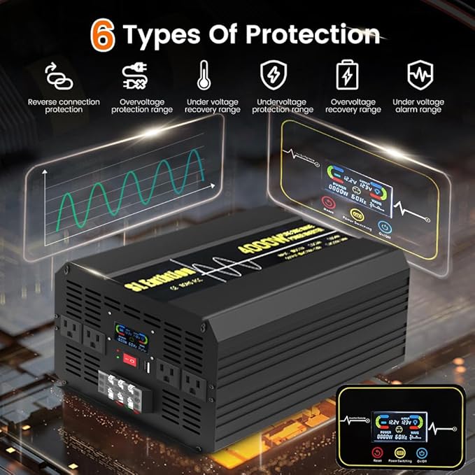 4000W Pure Sine Wave Power Inverter 12V DC to 120V AC 60HZ with LCD Display, USB Port, Wireless Remote Control（10M）, Solar, Outdoor