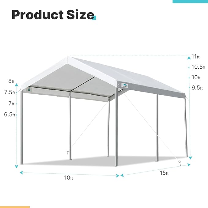 ADVANCE OUTDOOR Adjustable 10x15 ft Heavy Duty Carport Car Canopy Garage Boat Shelter Party Tent, Adjustable Height from 9.5 ft to 11 ft, White