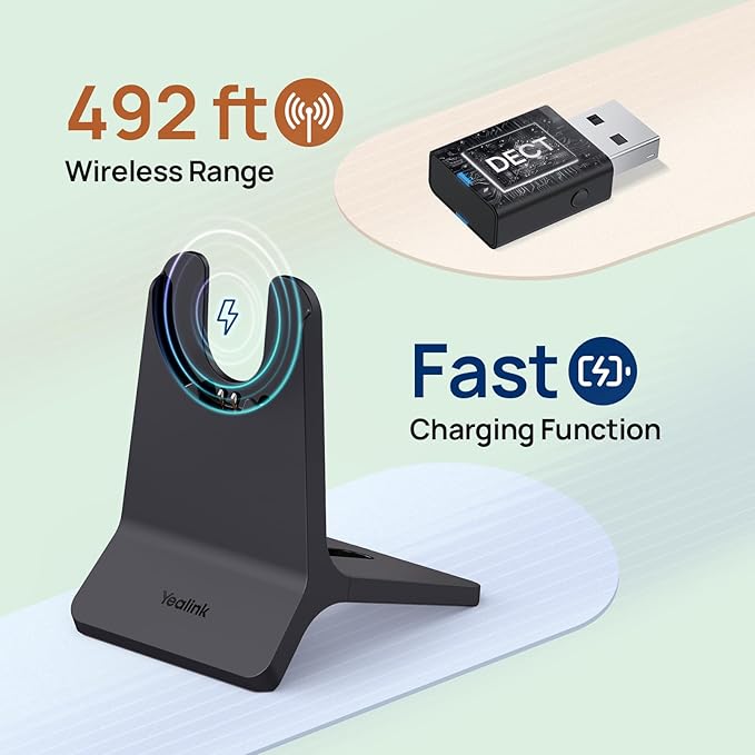Yealink WH64 Hybrid DECT& Bluetooth Wireless Headset,492ft Range Dual Teams UC Zoom Headphones with DECT Dongle&Charging Stand, 3X Noise Cancelling Mic, 32H Talk Time,Headsets for PC,Phone,Laptop