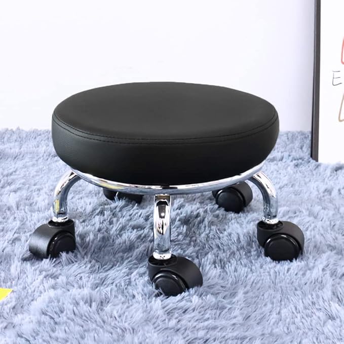 Modern Roller Seat PU Leather Low Round Rolling Stool 360 Swivel Small Stool with Universal Caster Wheels for Home Office, Garage, Shop, Fitness, Sport (H: 8.6", Black)