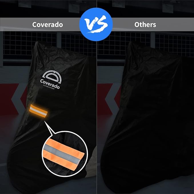 Motorcycle Cover, Coverado Motorcycle Covers Waterproof Outdoor Storage with Lockholes and Night Reflector, All Weather Waterproof Sun Protection Outdoor Scooter Cover Universal Fit Up to 93" Motors