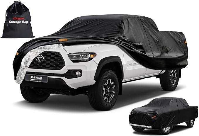 Kayme Truck Cover Custom Fit Toyota Tacoma(1995-2012) Double Cab Long Bed. Full Exterior Heavy Duty Outdoor Pickup Truck Car Cover Waterproof All Weather.Car Tarp for Wind Sun Dust Protection.Black
