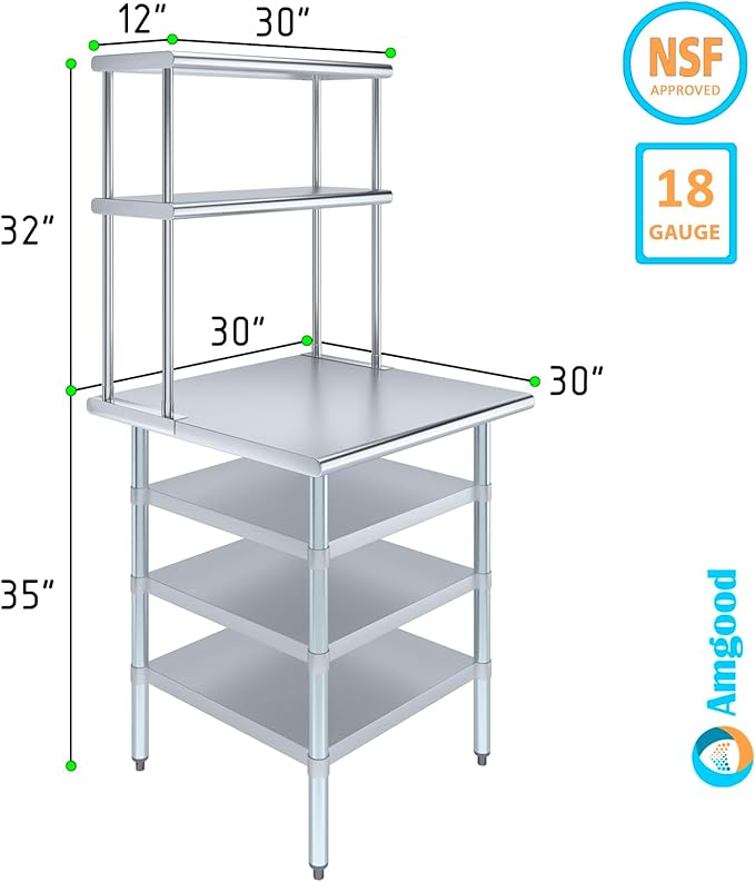 Amgood 30" x 30" Stainless Steel Work Table with 3 Shelves and 12" Wide Double Tier Overshelf | Metal Kitchen Prep Table & Shelving Combo | NSF