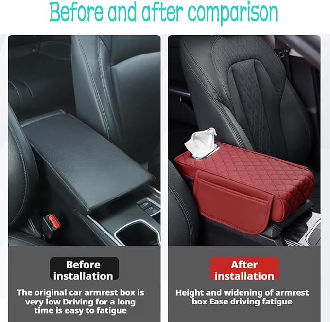 Car Armrest Cover Leather Car Console Covers Box Pad with Pocket and Tissue Box Arm Rest Cover for Car for SUV Truck Sedan Vehicle (Beige)