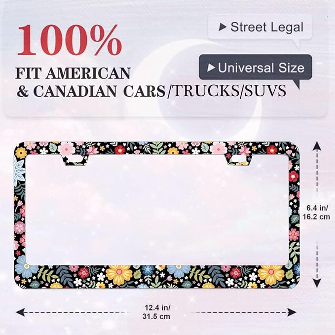 2 Pack Universal Retro Colorful Flowers License Plate Frame - Heavy Duty Rustproof Aluminum Matte Black Car Tag Holder Bracket Fits All Vehicles, Easy Install with Screws Included