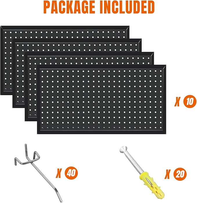 48x24 Inch Metal Pegboard Wall Organizer, Black Pegboard Panels Tool Organizer Kit with Accessories Hooks and Bins, Peg Board Utility Tool Storage for Garage Workbench Shed
