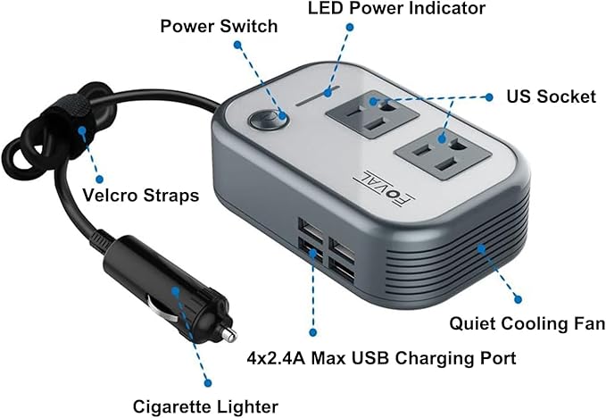 200W Car Power Inverter, FOVAL 12V DC to 110V AC Car Inverte with 4 USB Ports Car Outlet Adapter, Power Inverter for Vehicles, Car Plug Adapter Outlet for Laptop Computer Charger