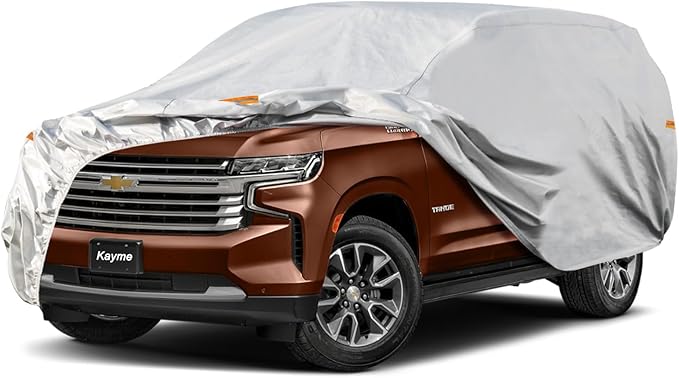 Kayme Large SUV Car Cover Waterproof All Weather for Automobiles, Outdoor Full Size SUV Cover Rain Sun UV Protection, Universal Fit for Chevrolet Tahoe, Lincoln MKT, GMC Envoy (207-214 inch)