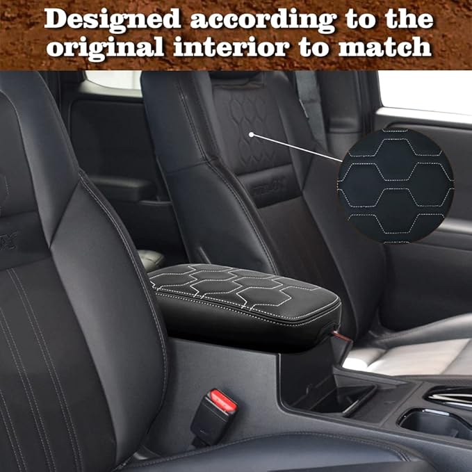 Muslogy for Frontier Center Console Pad Armrest Box Cover Vegan Leather Soft Accessories Armrest Lid Protector Compatible with Nissan Frontier 2022-2024 2025 (Regular Thick, V1 White Stitching)