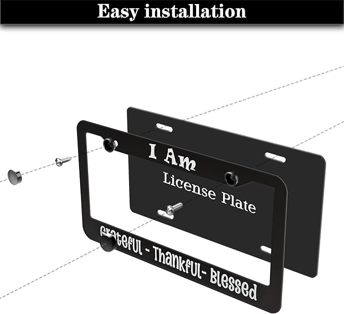 License Plate Frames Black and White Front License Plate Bracket I Am Grateful Thankful Blessed Aluminum Metal Car Accessory 2 Pack with Screw Covers Set