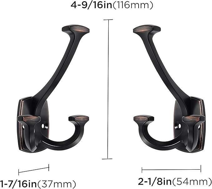 Large Wall Double-Sided Hook 5 Pack Oil Rubbed Bronze Hook Decorative Heavy Duty Solid Large Coat Hooks for Towel Hanging Coats Robe Towel Bags Door Back 2 Prong Hooks