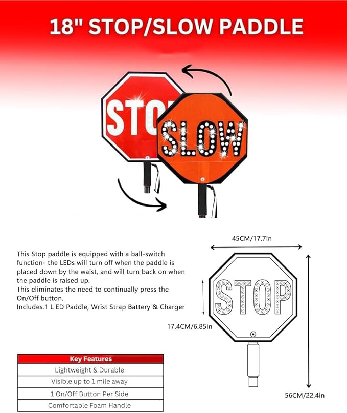 18" LED Stop/Slow Paddle, Reflective Hand Held Stop Sign with Handle, Steady/Flashing Light Modes