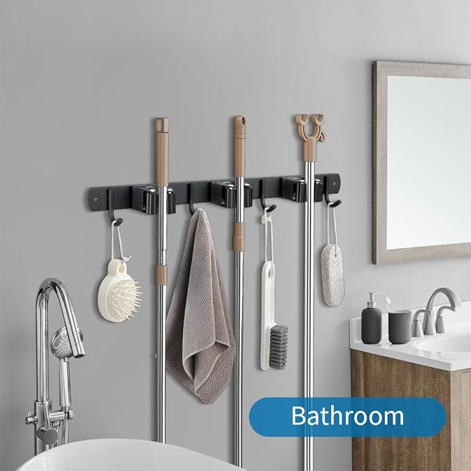 2 Pack Broom Hanger and Mop Holder, Heavy Duty Garden Tool Organizer Rack Rake and Shovel Handle, Stainless Steel Wall Mounted Utility Rack with Screws (3 Racks with 4 Hooks, Matte Black).