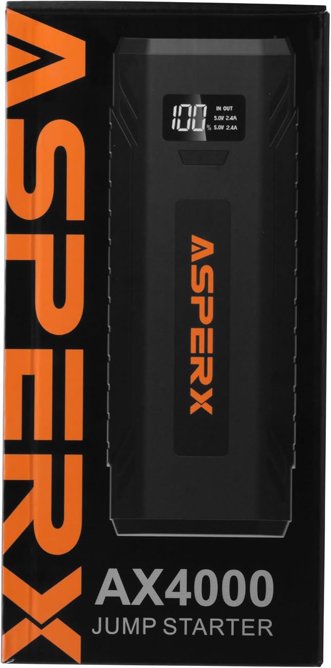 AsperX Car Jump Starter, 4000A Peak Battery Starter for All Gas or 10.0L Diesel Engines, 12V Battery Starter, Jump Box with USBA, Lithium Battery Booster with Built-in LED Light